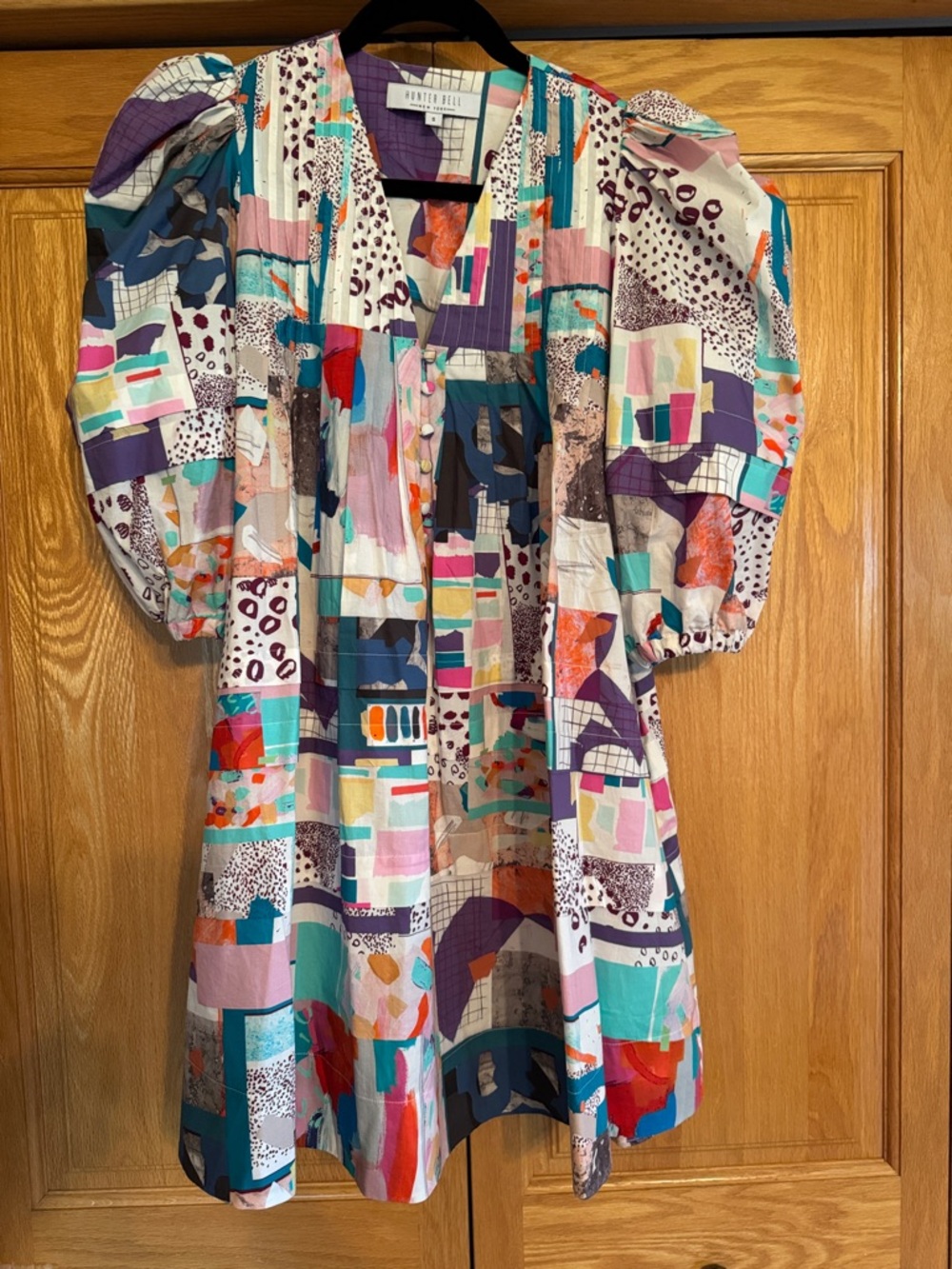 HUNTER BELL New York Multicolor Abstract Patchwork Puff-Sleeve Dress w/pockets